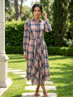 Chaps Plaid Button-Front Midi Dress in Blue, Pink & Cream Sz M NWT